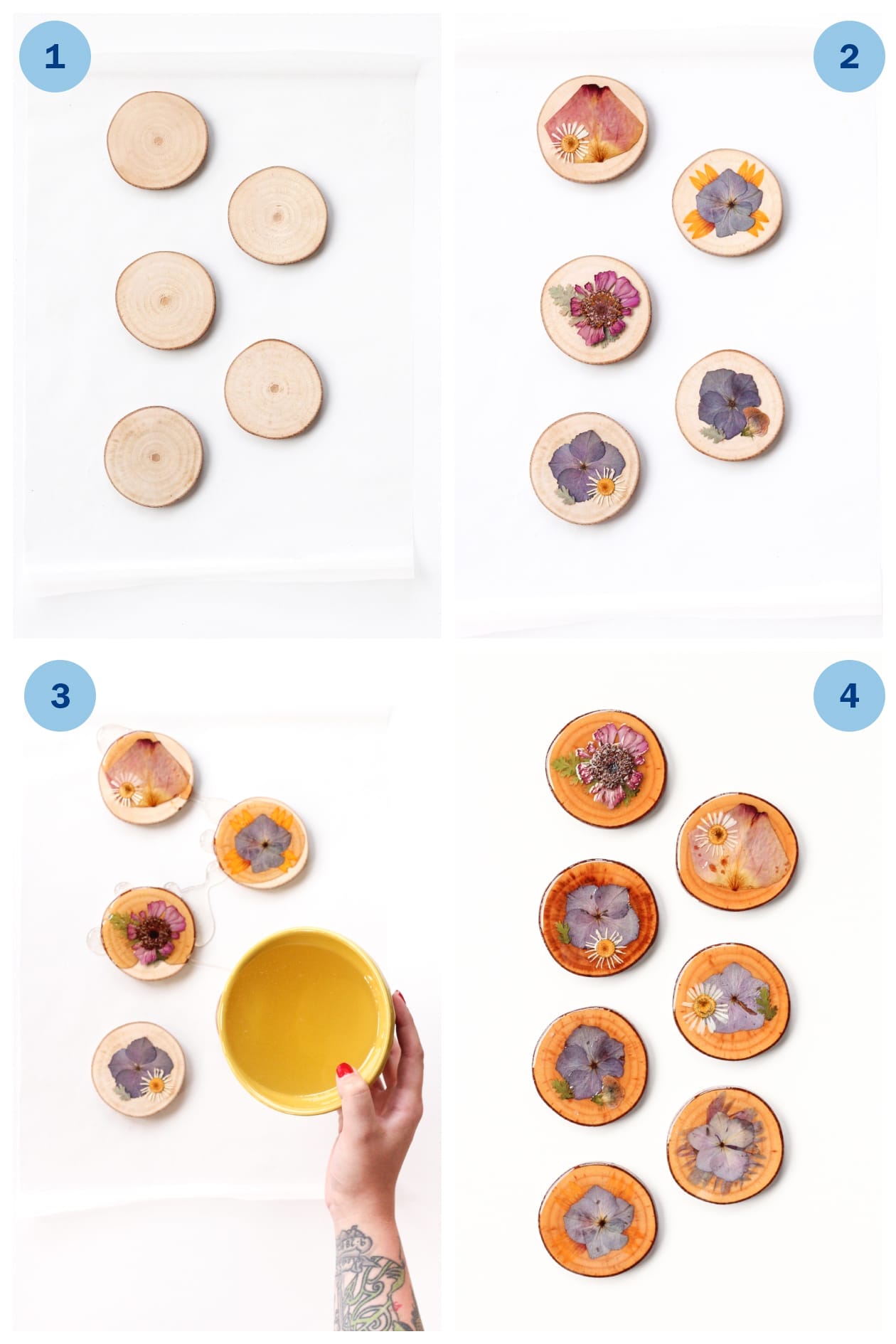 Learn step by step how to make coasters with pressed flowers