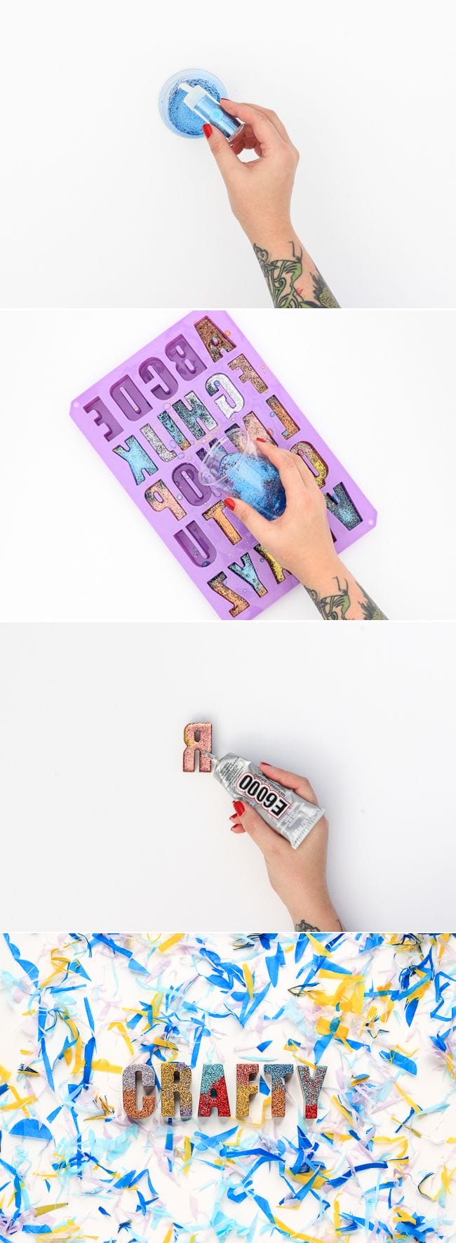Learn how to make your own color blocked glitter magnets with this easy tutorial. Only takes 25 minutes + there's no mess!
