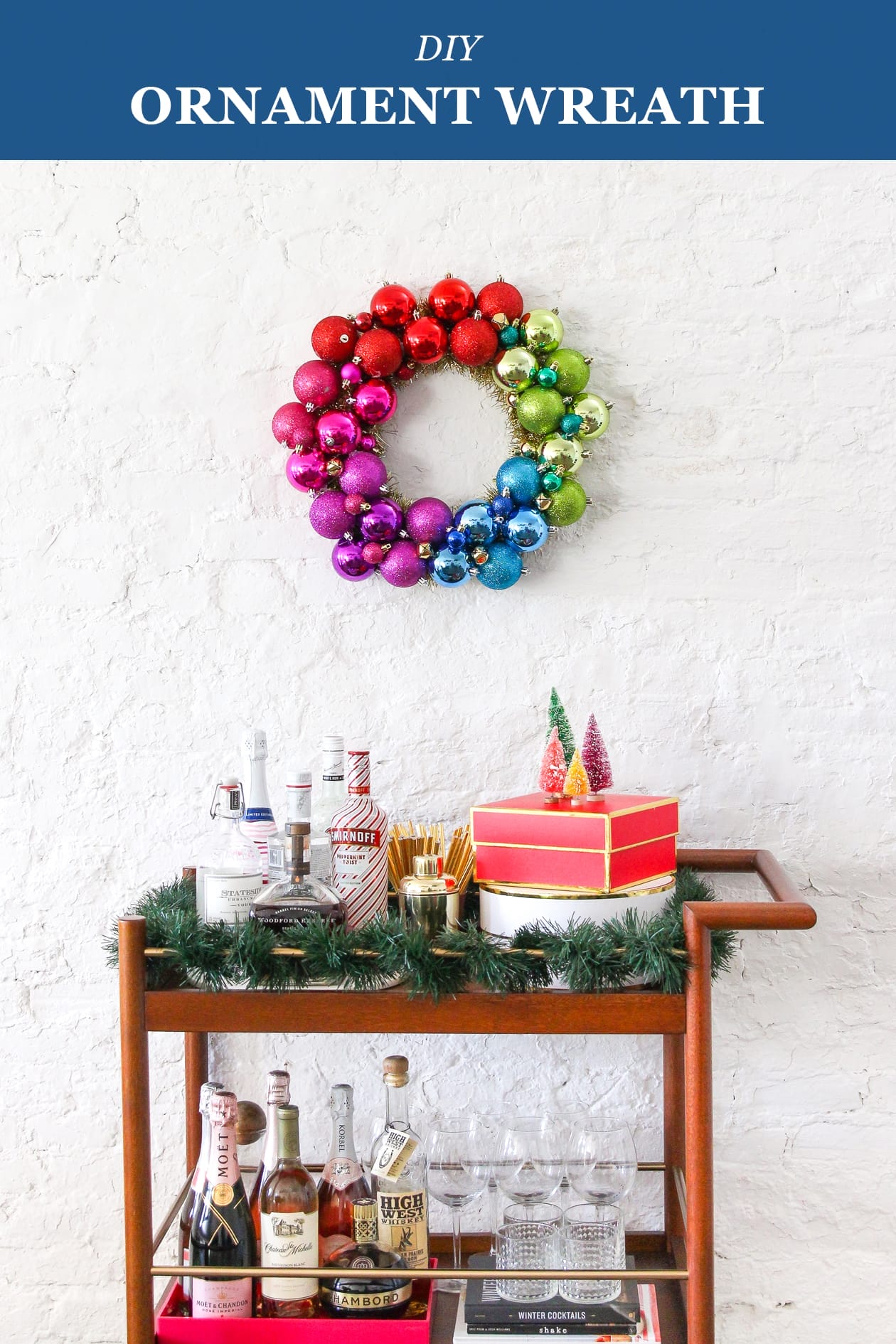 diy-Ornament-wreath-final DIY Ornament Wreath styled above a bar cart that's decorated for Christmas
