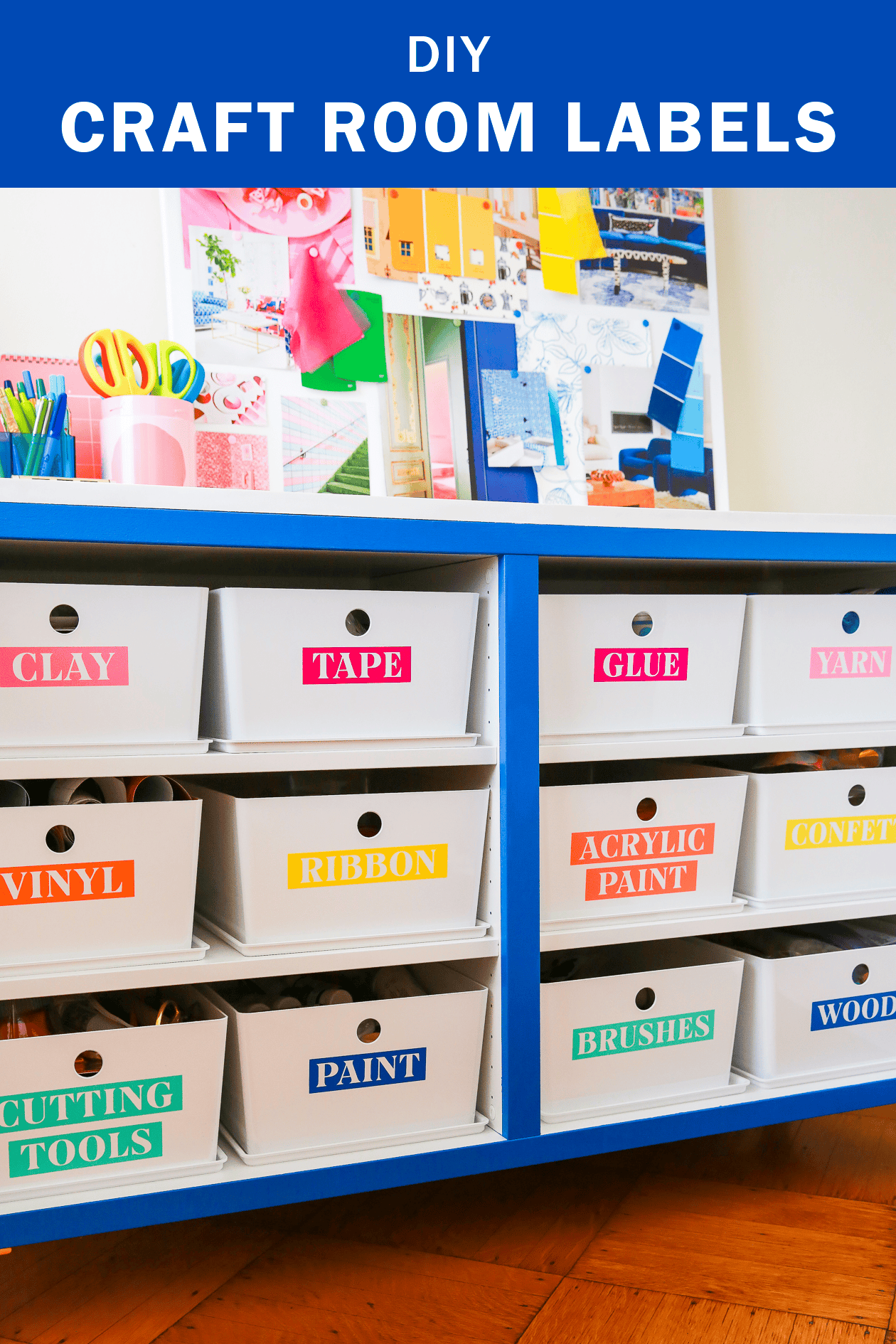 Organize your craft room with this easy DIY project! Making your own craft room labels is as easy as pressing print. Plus DIY Craft Room Labels are a great way to add color to your organization. 