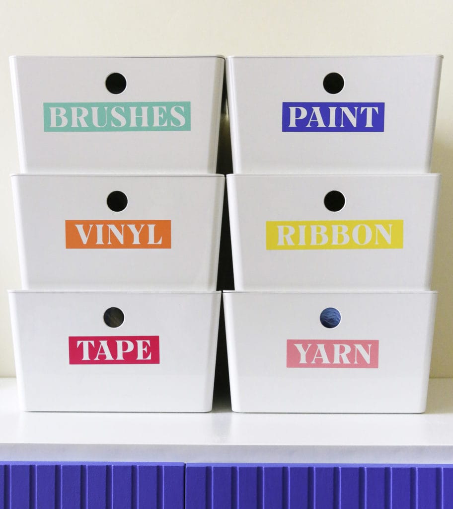 Organize your craft room with this easy DIY project! Making your own craft room labels is as easy as pressing print. Plus DIY Craft Room Labels are a great way to add color to your organization.