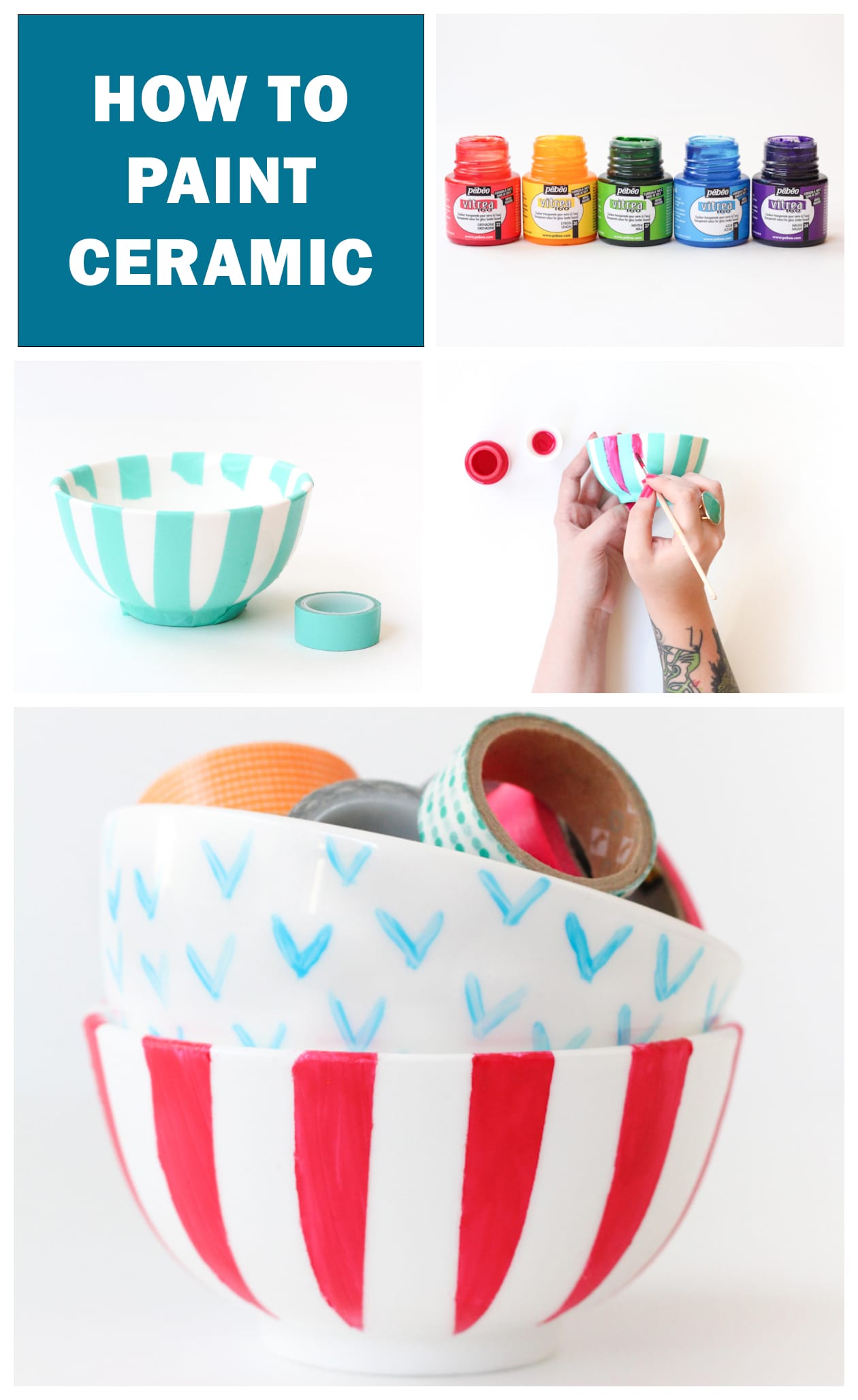 stop by step tutorial image for how to paint ceramic (bowl is being painted with stripes)