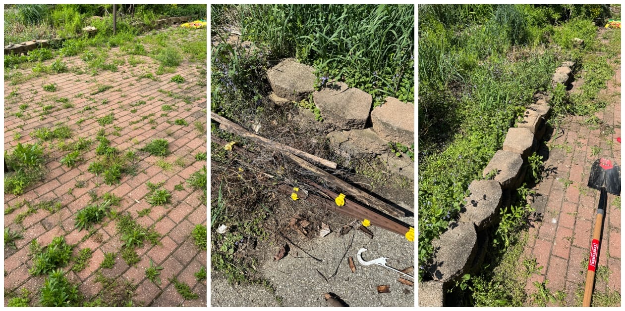 brick and stone outdoor patio with weeds