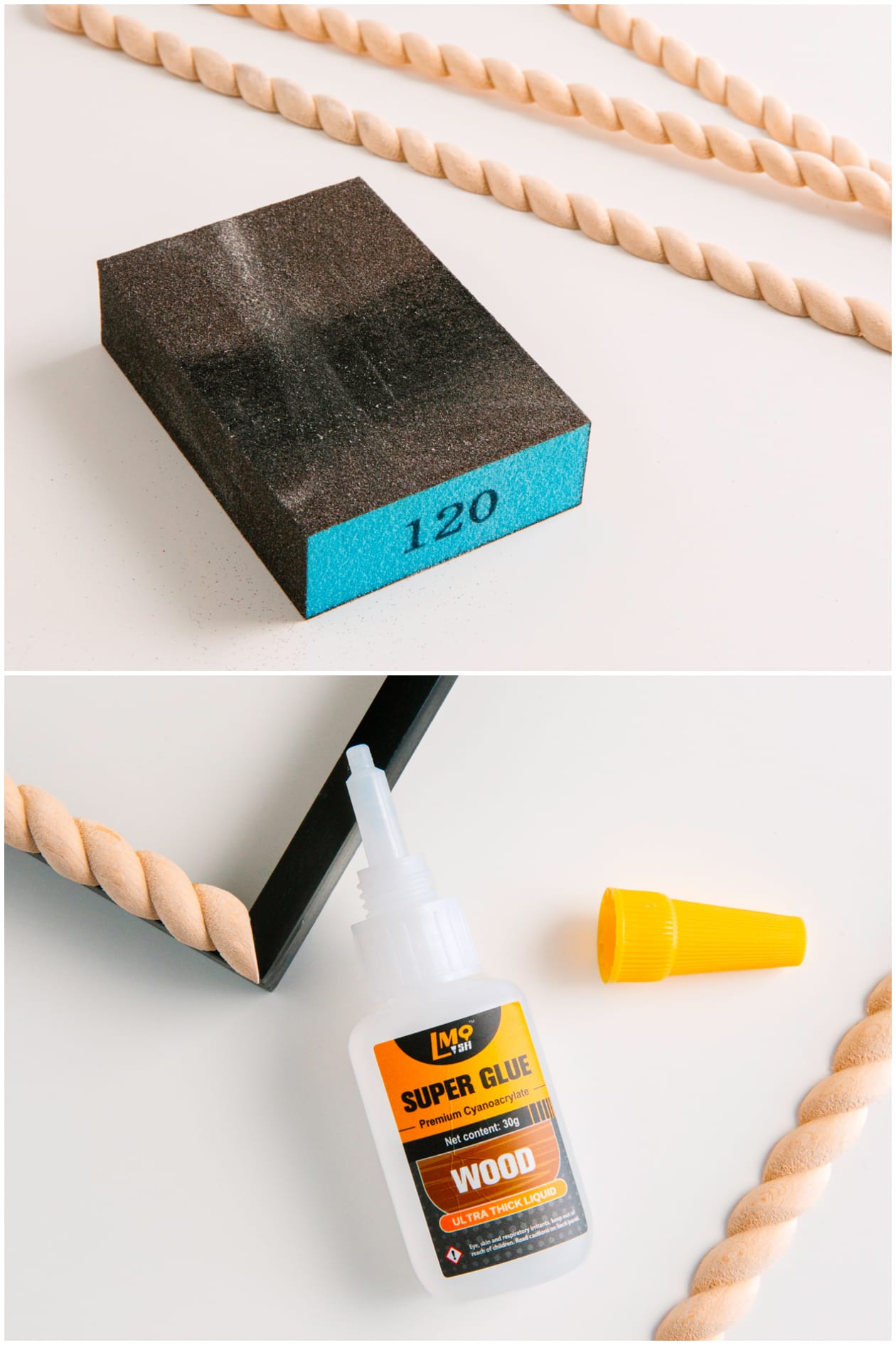sanding and glueing trim onto a picture frame