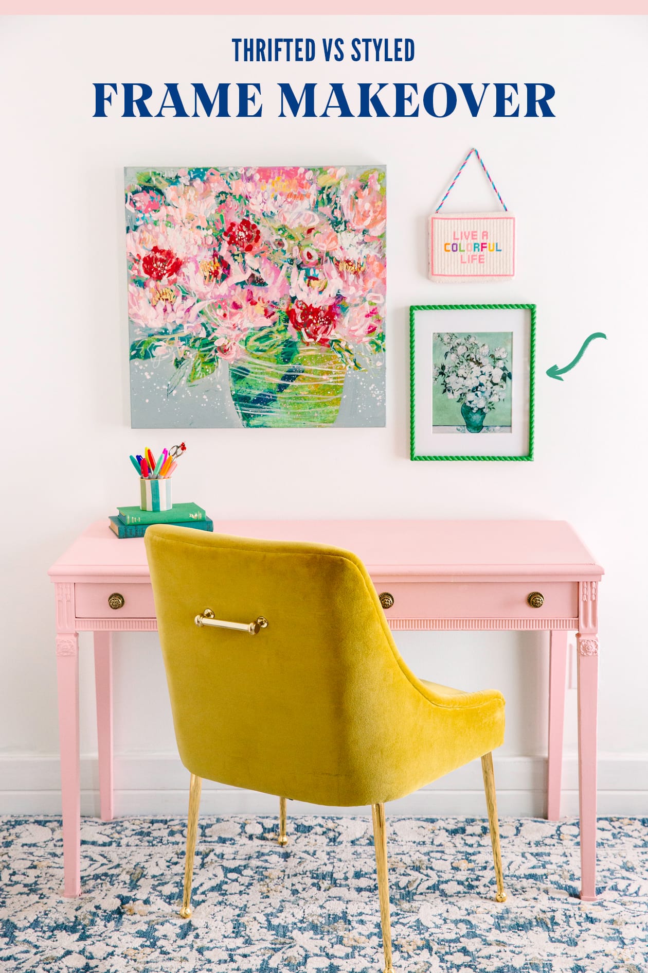 Colorful Picture Frame Makeover Project styled above a pink desk